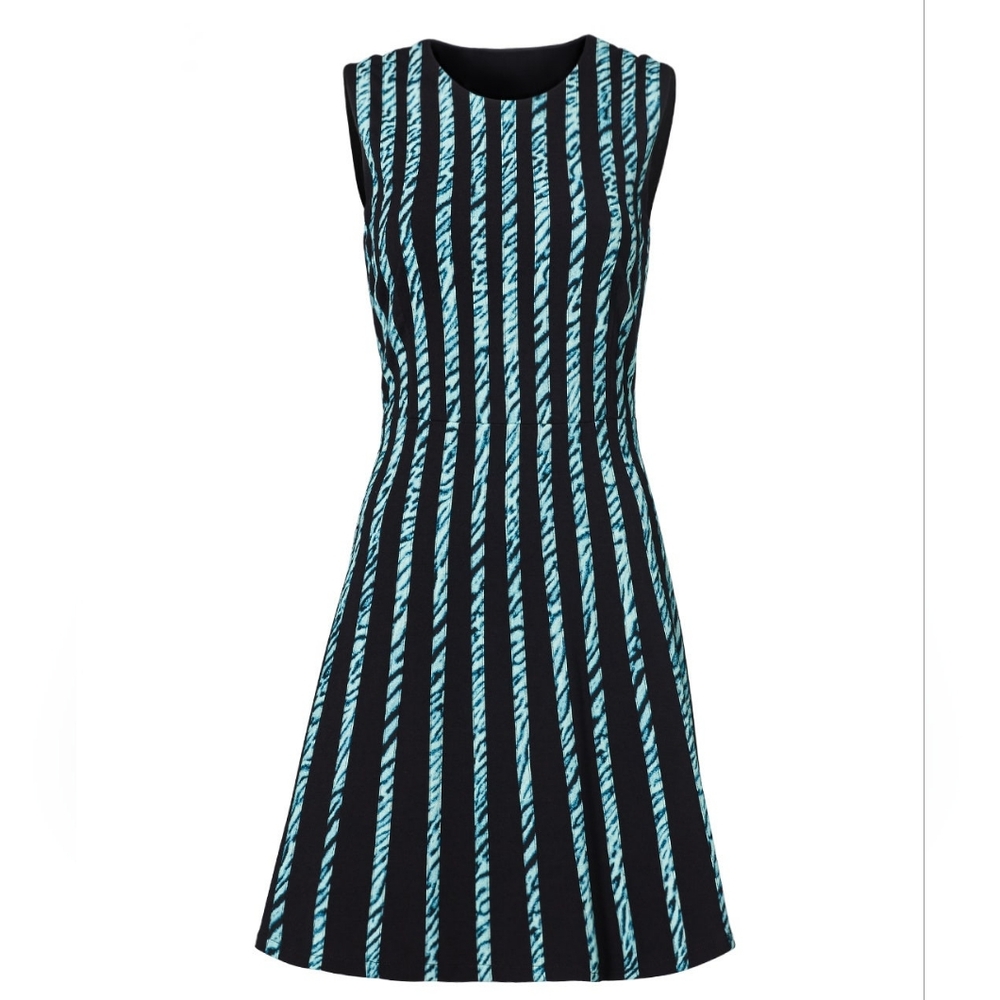 BCBG MaxAzria Aqua Stripe Overlay Fit And Flare Dress